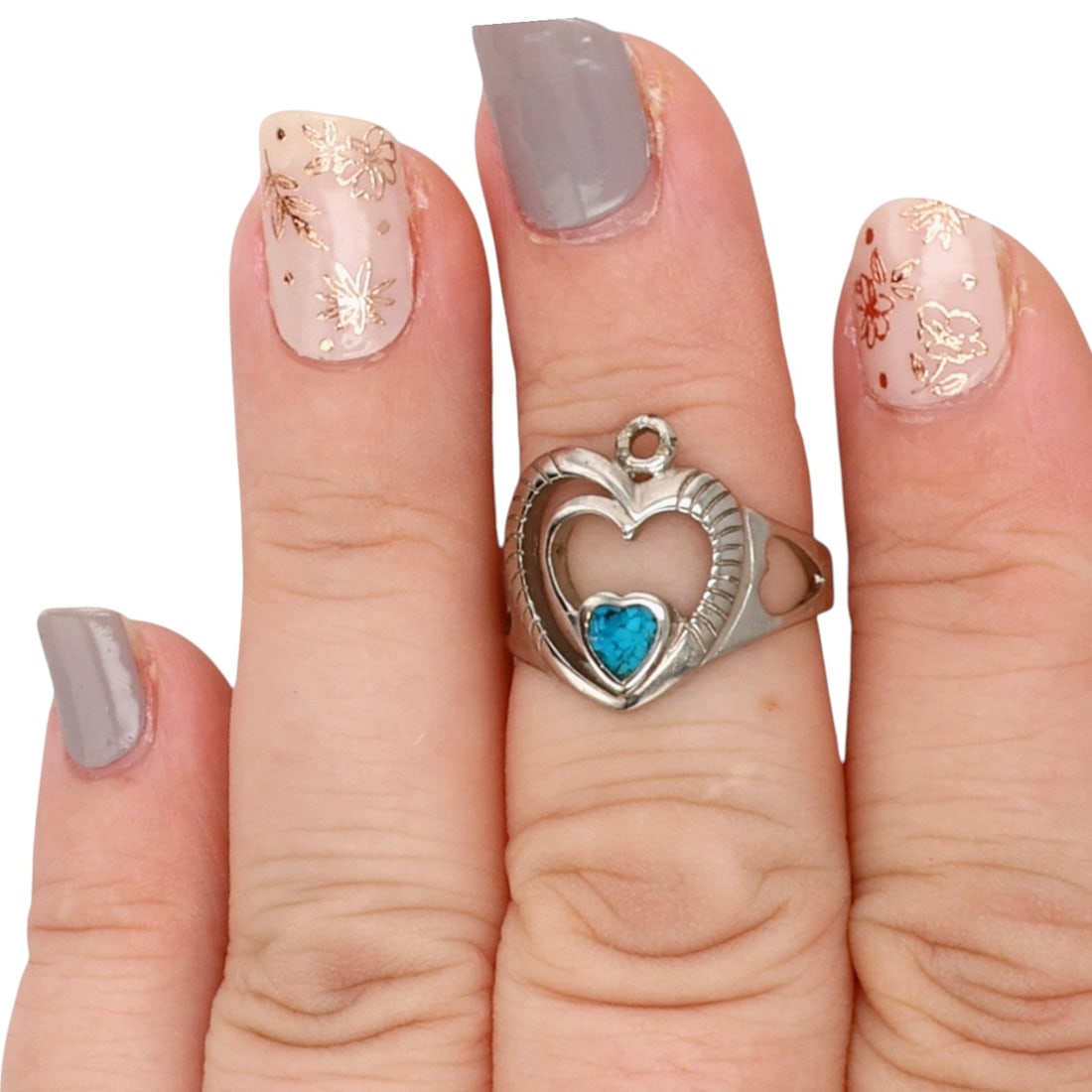 Signed Sterling Crushed Turquoise Heart Ring Sz 6.25: Signed Sterling Crushed Turquoise Heart Ring Sz 6.25, 3g-Signature is difficult to see- see photos