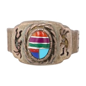 Signed Southwestern Sterling Multi-Stone Inlay Ring Sz 5