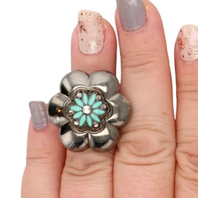 Vintage Hollow Form Sterling Turquoise Floral Adjustable Ring