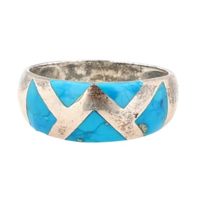 Vintage Sterling Turquoise Inlay Ring Sz 7.75