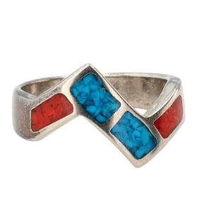 Vintage Navajo Stelring Crushed Multi-Stone Inlay Ring Sz 5.5