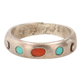 Southwestern Sterling Turquoise Coral Ring Sz 5.75