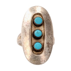 Southwestern Sterling Turquoise Shadow Box Ring Sz 6.75