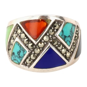 CW Southwestern Sterling Multi-Stone Inlay Ring Sz 6