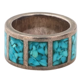 Southwestern Sterling Crushed Turquoise Ring Sz 4.5