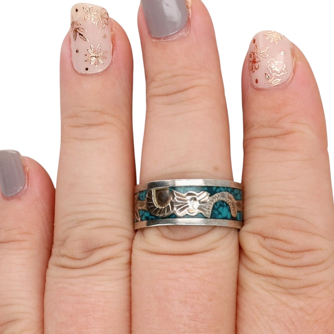 Mexico Sterling Crushed Turquoise Ring Sz 10 (1 of 5)