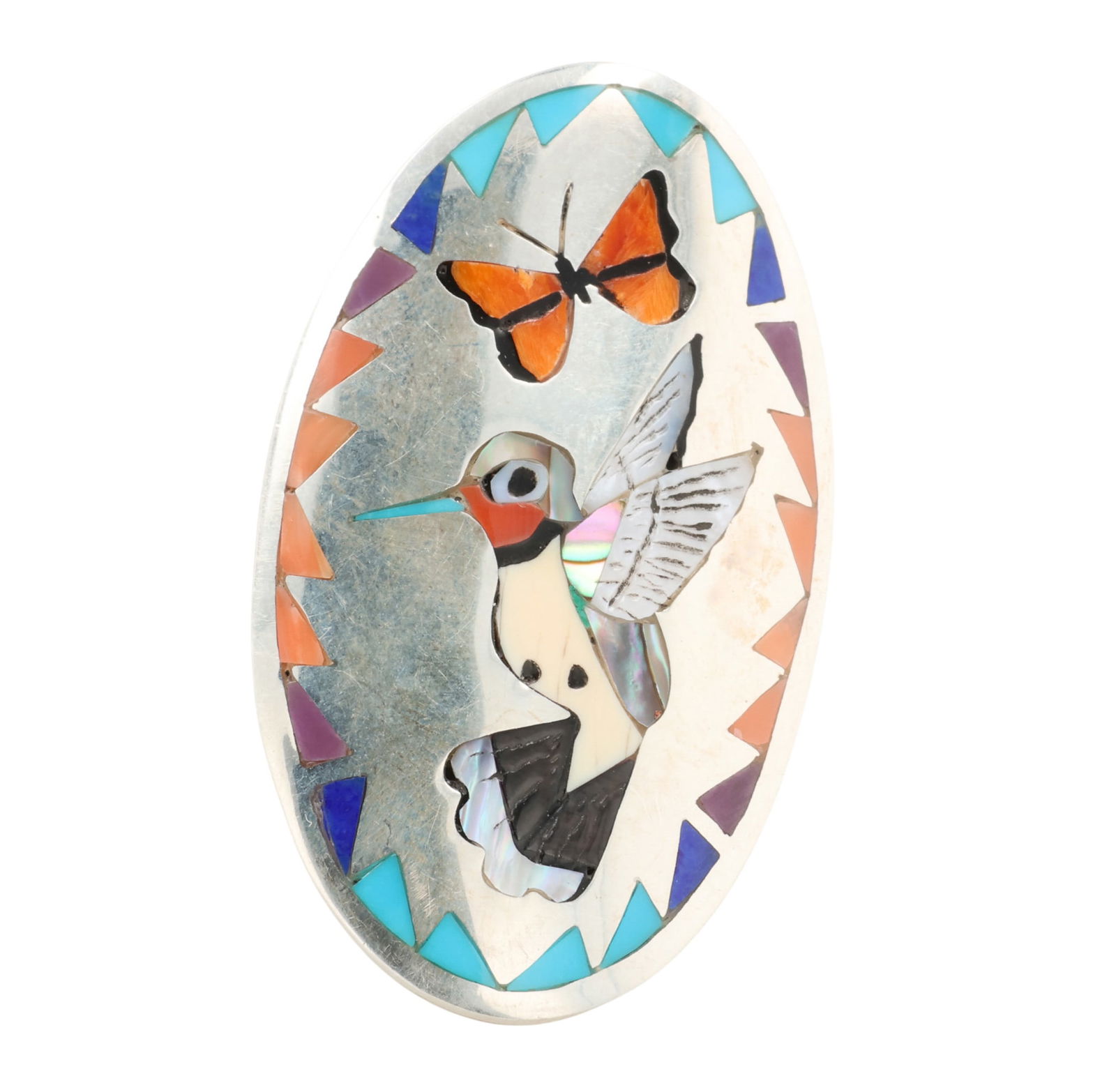 Q Quam Sr Zuni Sterling Multi-Stone Inlay Hummingbird Ring Sz 8: Q Quam Sr Zuni Sterling Multi-Stone Inlay Hummingbird Ring Sz 8, 26g- Mother of Pearl, Coral, Turquoise, Lapis, Onyx