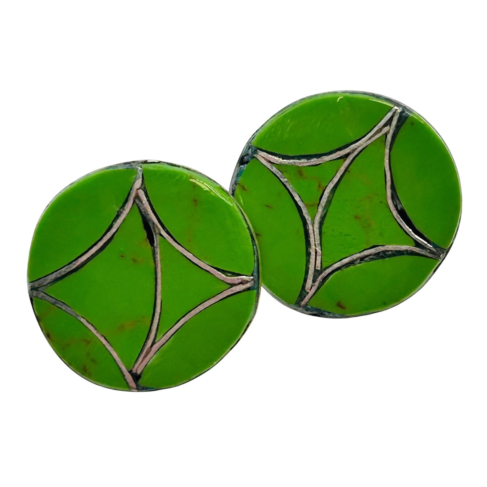Karen Lalio Zuni Sterling Gaspeite Earrings: Karen Lalio Zuni Sterling inlay Gaspeite round Earrings 3.4 grams