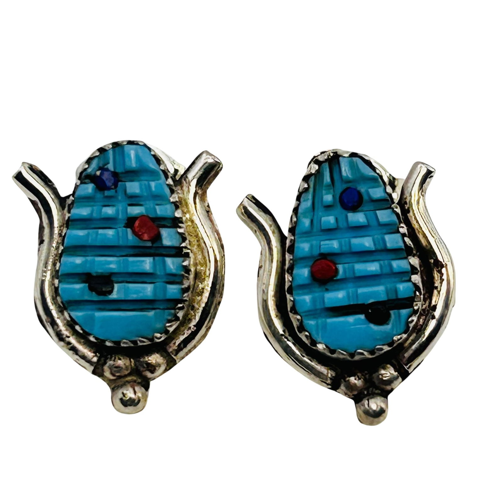 Tracy Bowekati Zuni Sterling Multi Stone Carved Corncob Earrings: Tracy Bowekati Zuni Sterling Multi Stone carved turquoise Corncob Earrings 2.72 grams