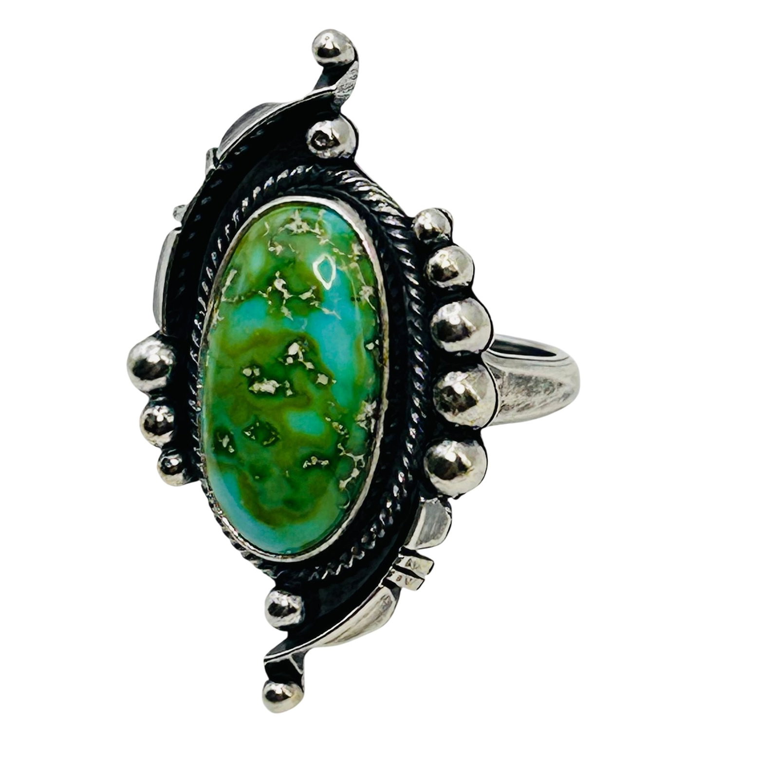 Maritta Benally Navajo Sterling Sonoran Gold RIng Sz. 9.5: Maritta Benally Navajo Sterling Sonoran Gold Ring oval bead detail. sz. 9.5 9.32grams