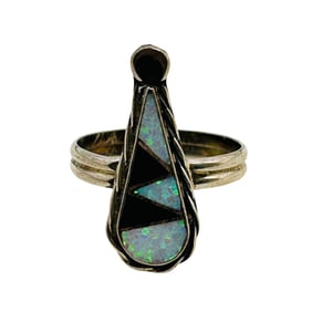 Swain Charley Zuni Sterling Opal Onyx Inlay Ring Sz. 7