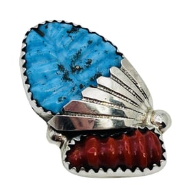 Lyolita Tsattle Native Sterling Carved Turquoise Coral Pendant