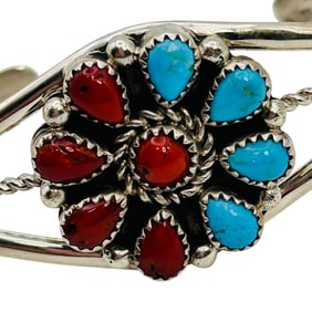 Darlene Begay Native Sterling Turquoise Coral Cuff