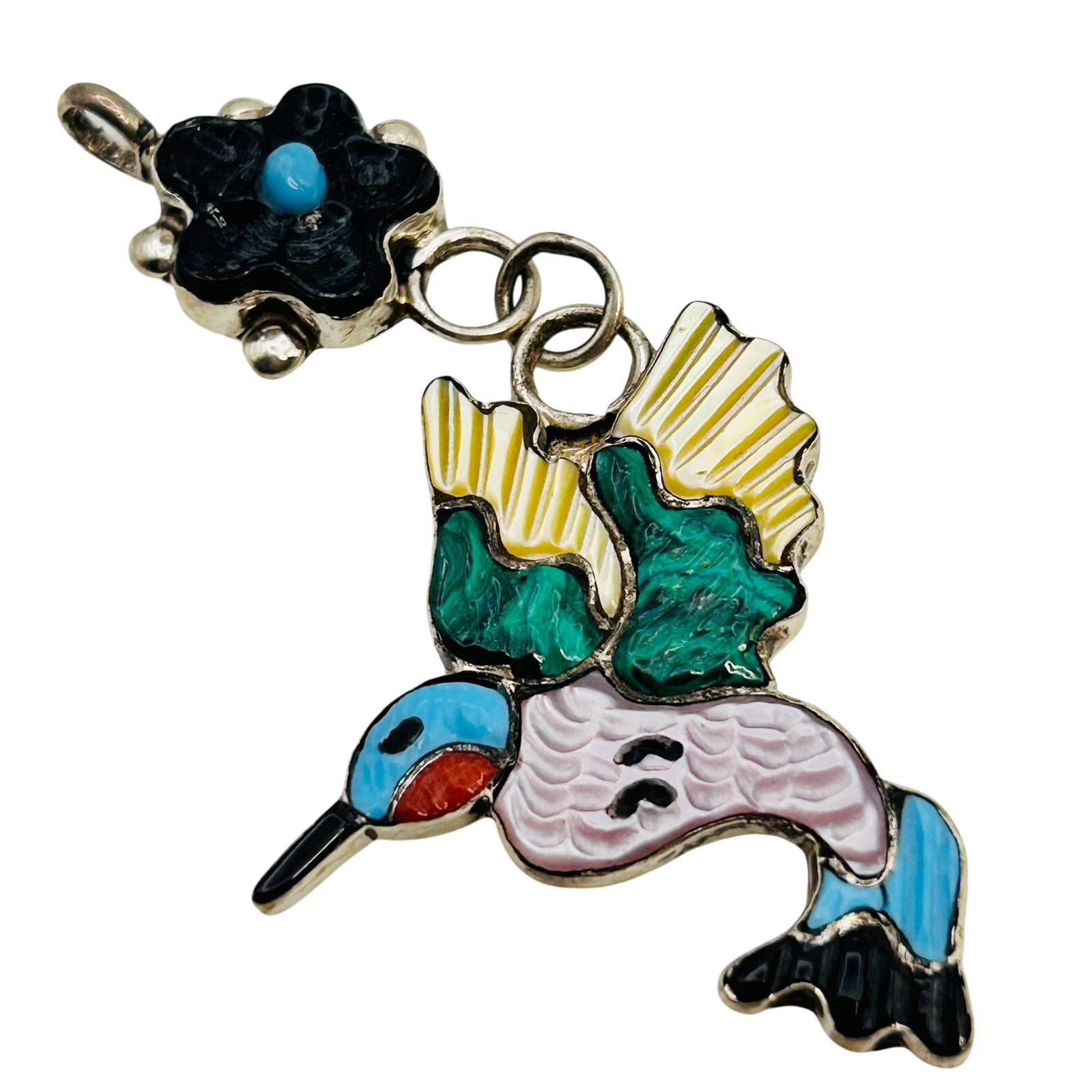 Tamara Pinto Zuni Sterling Hummingbird Pendant: Tamara Pinto Zuni Sterling Multi Color turquoise onyx malachite coral mother of pearl hummingbird and flower Pendant 6.95 grams