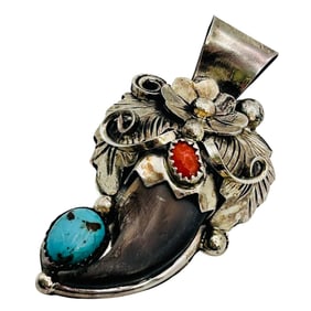 Jerry Thompson Navajo Sterling Turquoise Coral Claw Pendant