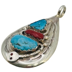 Effie Calavaza Zuni Sterling Turquoise Coral Pendant