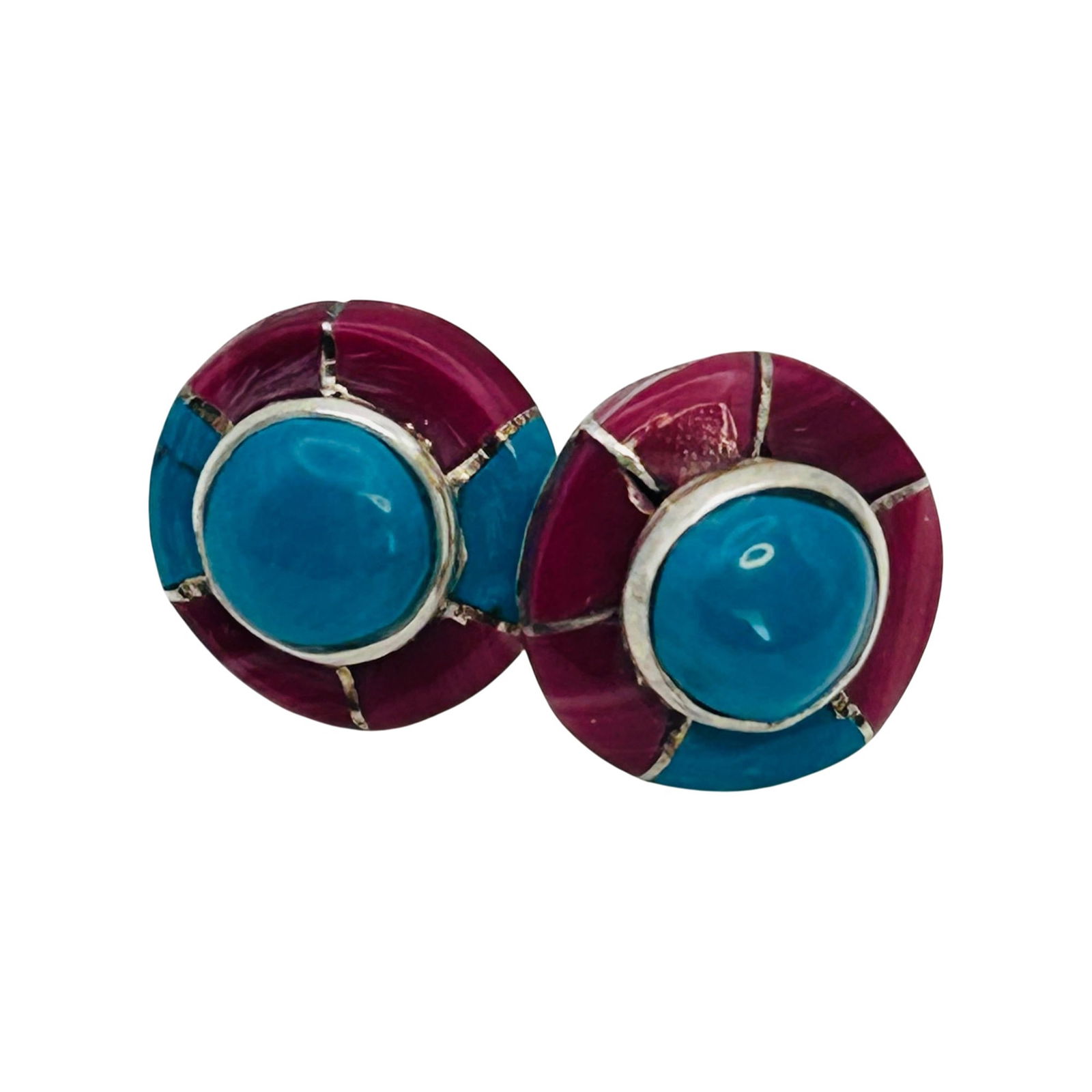 Fred Manuelito Navajo Sterling Multi Stone Stud Earrings: Fred Manuelito Navajo Sterling Multi Stone coral and turquoise stud earrings 2.22 grams