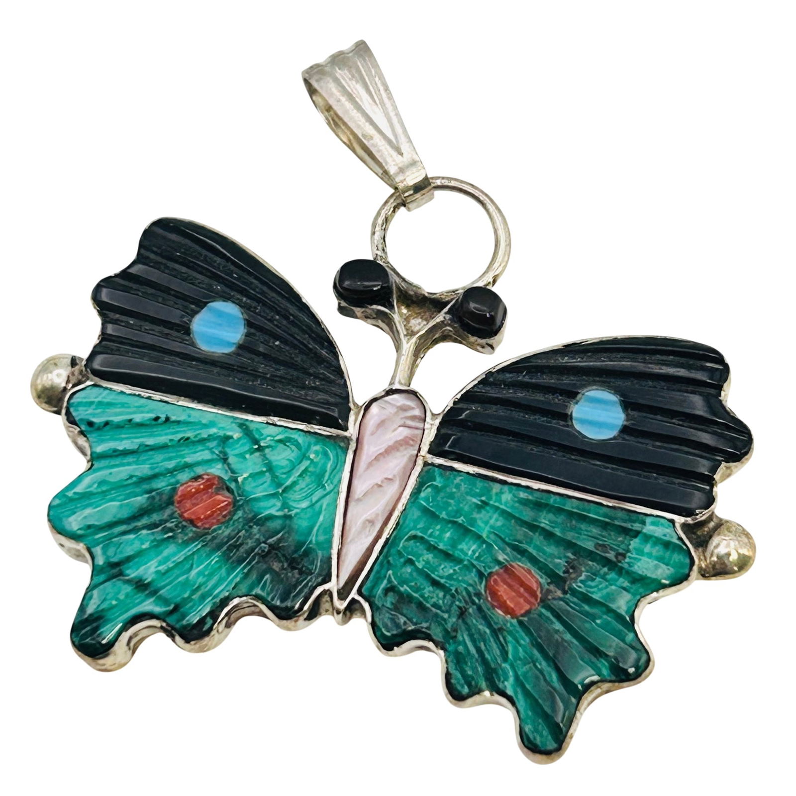 Tamara Pinto Zuni Sterling Multi-stone Butterfly Pendant: Tamara Pinto Zuni Sterling Multi-stone malachite onyx spiny oyster Butterfly Pendant 6.59 grams