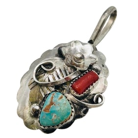 Jerry Thompson Navajo Sterling Turquoise Coral Pendant
