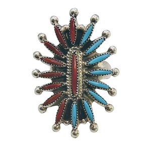 Gerald Sisate Native Sterling Turquoise Coral Ring SZ 7.5