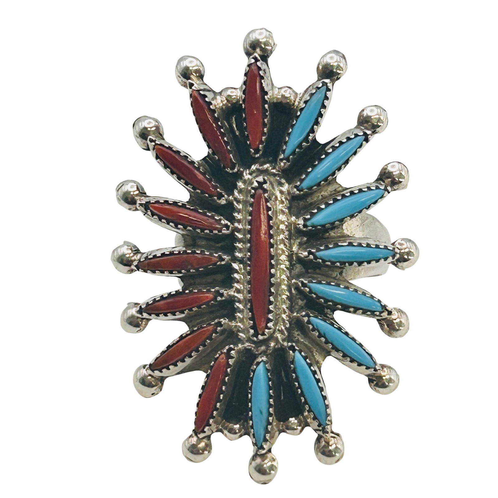 Gerald Sisate Native Sterling Turquoise Coral Ring SZ 7.5 (1 of 9)