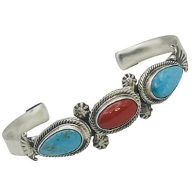 Bobby Platero Navajo Sterling Turquoise Coral Cuff