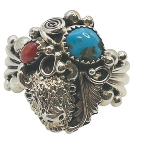 Jeane Saunders Navajo Sterling Turquoise Coral Ring SZ 12