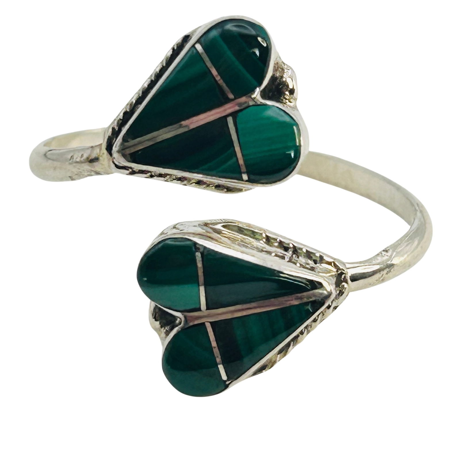 Velda Nastacio Zuni Sterling Inlay Malachite Adjustable Ring: Velda Nastacio Zuni Sterling Inlay Malachite Heart Adjustable Ring 3.06 Grams