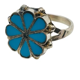Pino Yunie Zuni Sterling Inlay Turquoise Flower Ring SZ.7