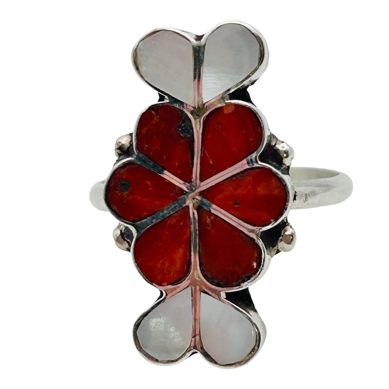 Pino Yunie Zunie Sterling Multi Stone Ring SZ.7: Pino Yunie Zuni Sterling Multi stone Mother of Pearl and Red Coral Ring SZ.7 3.48 grams
