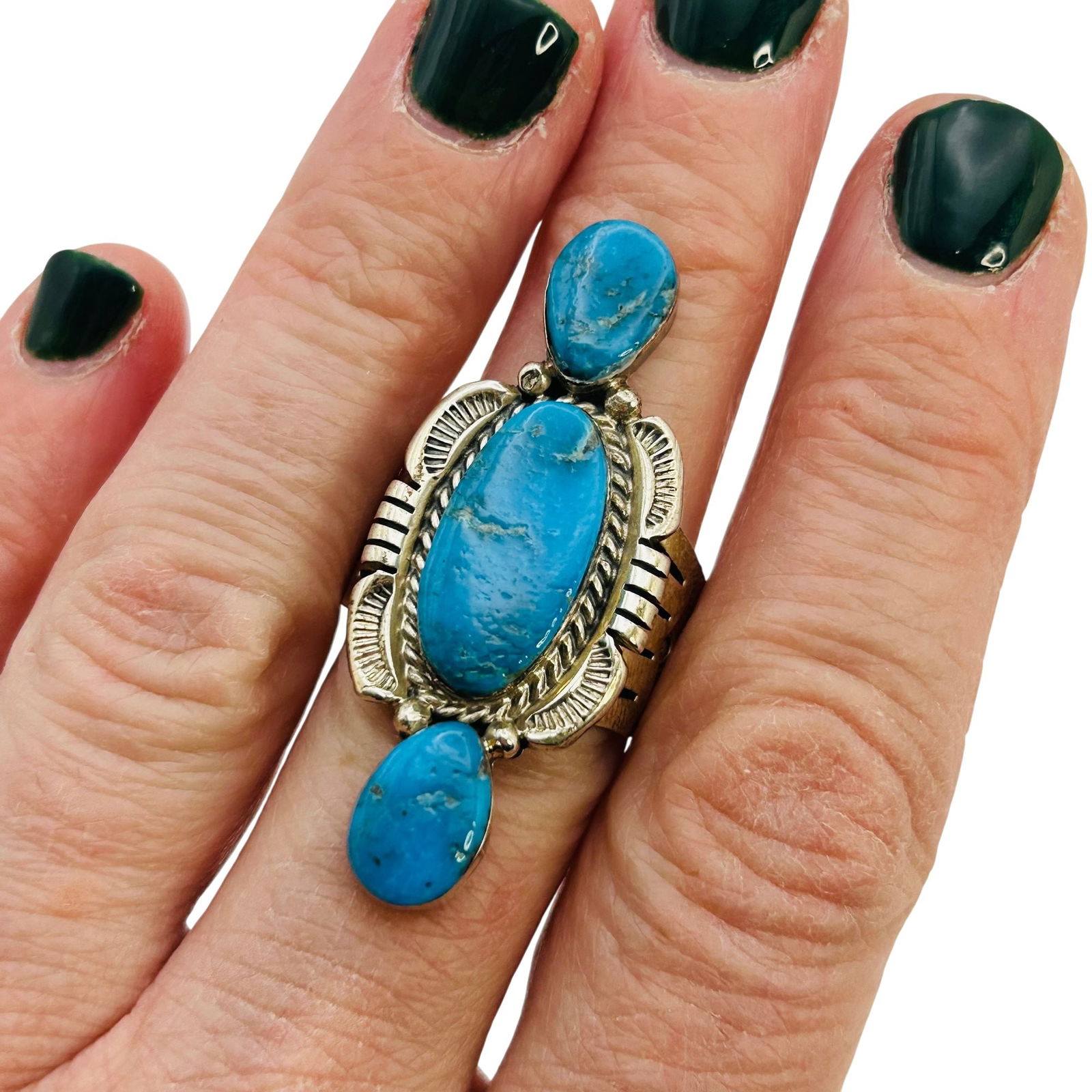 Mike Smith Navajo Sterling Kingman Turquoise Ring SZ.10: Mike Smith Navajo Sterling Kingman Turquoise 3 stone Ring SZ.10 12.63 grams