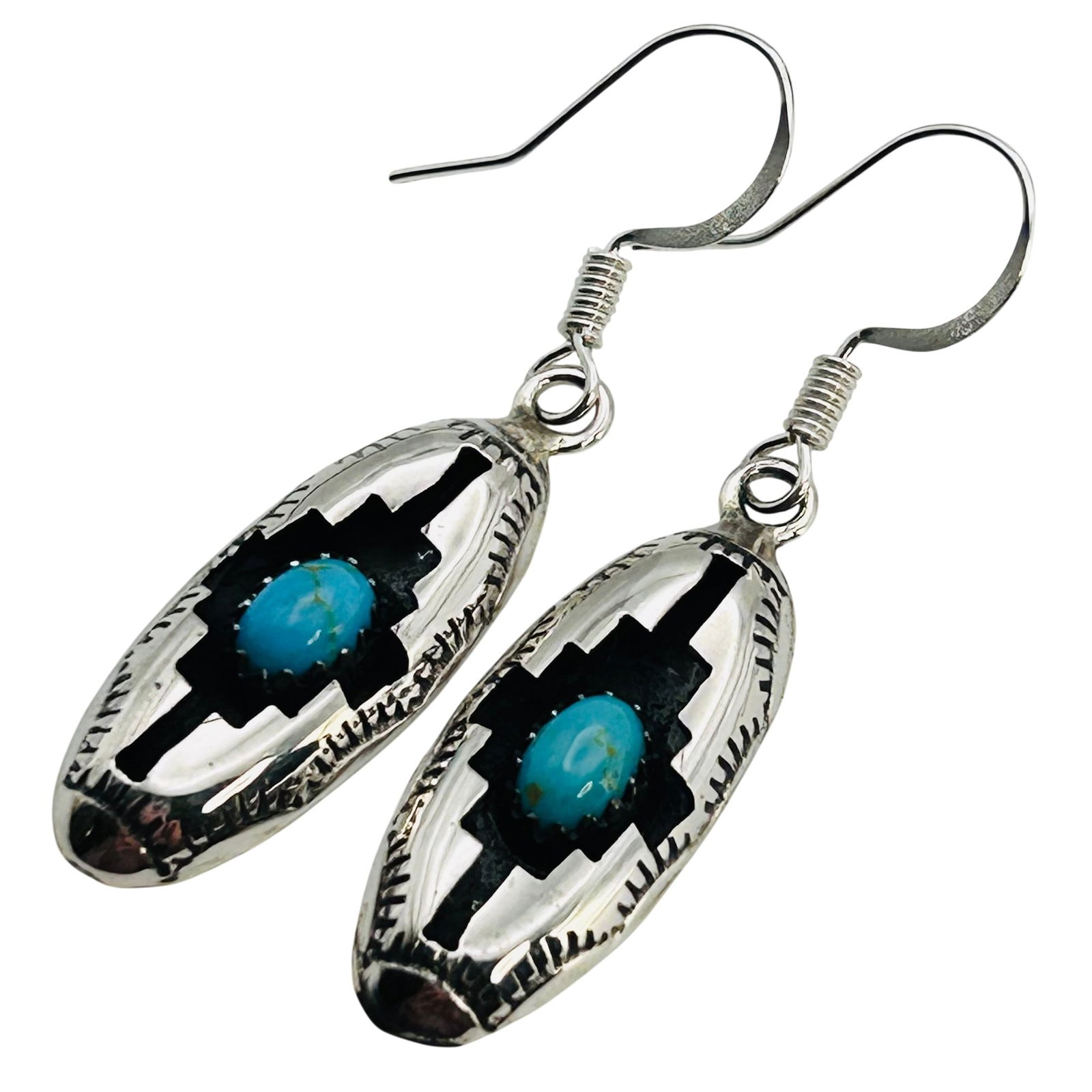 Felix Perry Navajo Sterling Kngman Turquoise Earrings: Felix Perry Navajo Sterling Kngman Turquoise Shadow box hookback Dangle Earrings 2.66Grams