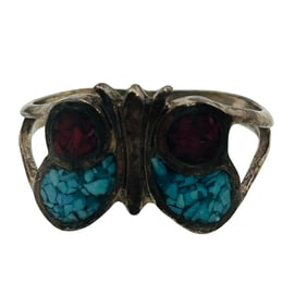 Native Crushed Turquoise And Coral Inlay Butterfly Ring Size 7