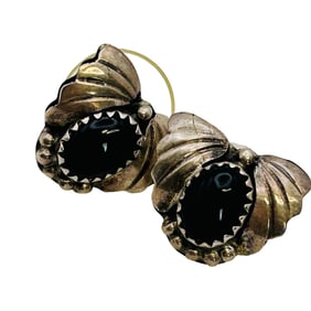 Navajo Signed BJ Onyx Sterling Clip On Earrings