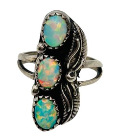 Vintage Navajo Sterling Opal Three Stone Ring Sz 6