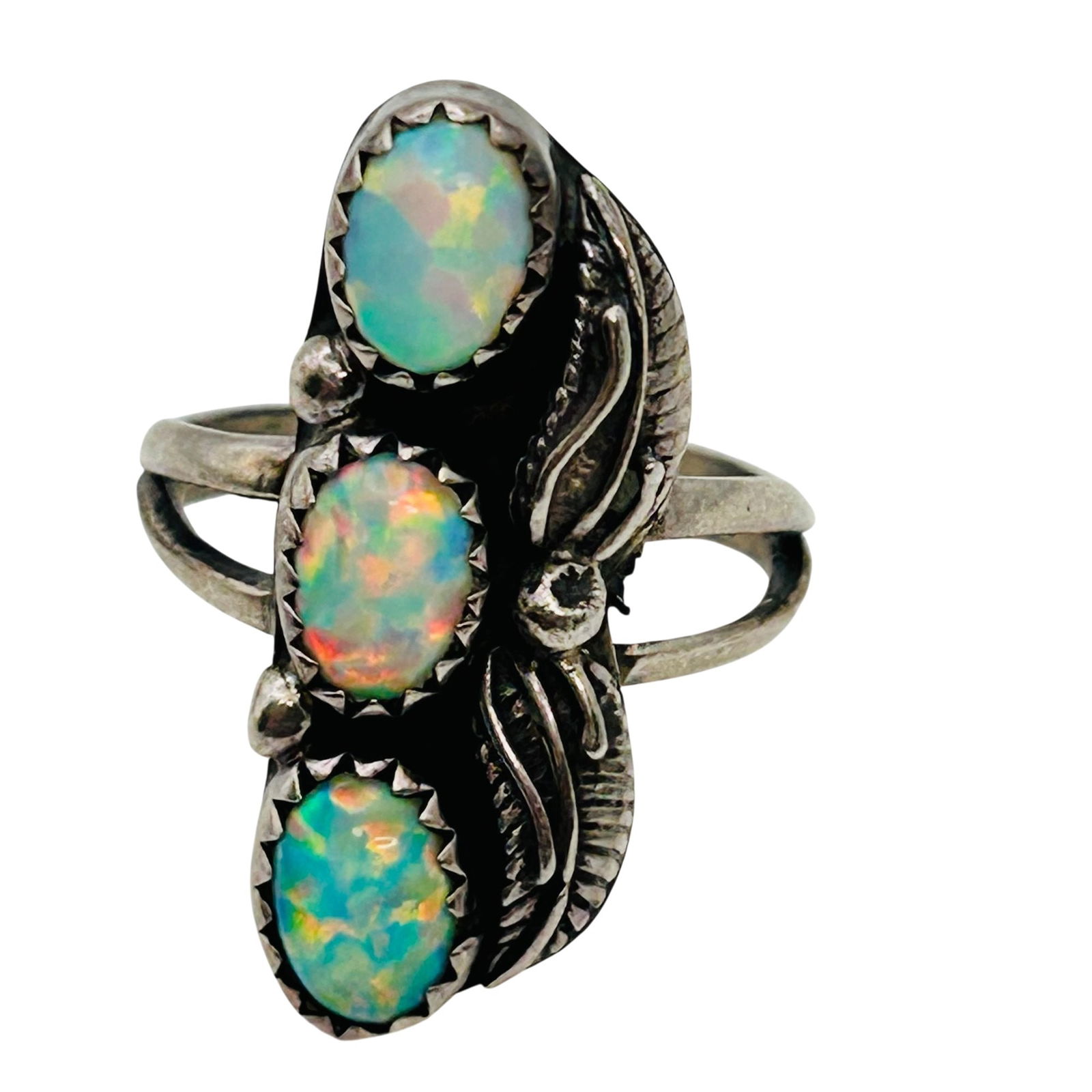 Vintage Navajo Sterling Opal Three Stone Ring Sz 6 (1 of 8)