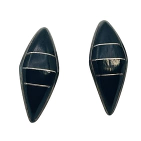 Navajo Signed RK Curved Shaped Sterling Onyx Earrings