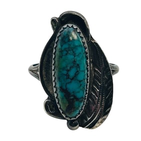 Vintage Navajo Signed CT Turquoise Oval Ring Size 9