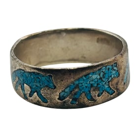 Native Crushed Turquoise And Coral Sterling Wolf Band Size 8