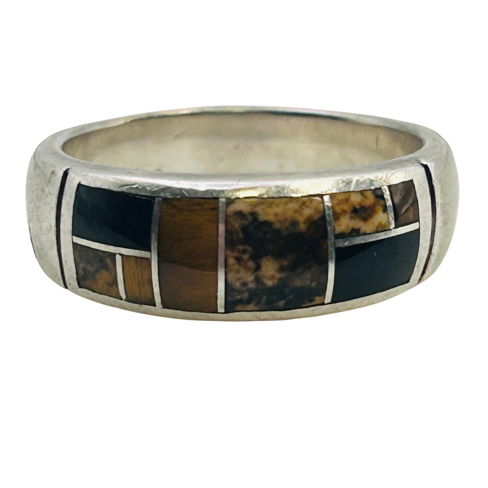 Navajo Inlay Tigers Eye, Jasper Signed TS Sterling Band Size 9 (1 of 7)