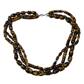 Tigers Eye Beaded Multi Strand Sterling Necklace 90 G