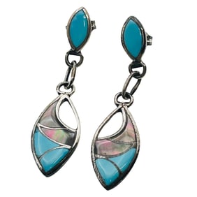 Navajo Turquoise And Abalone Sterling Dangle Earrings 3.47 G