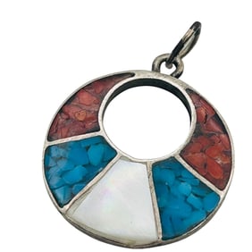 Navajo Crushed Turquoise And Coral Mother Of Pearl Circle Cutout Pendant.