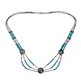 Native Sterling, 18 Inch Bead And Button, Turquoise, Multi Strand Necklace