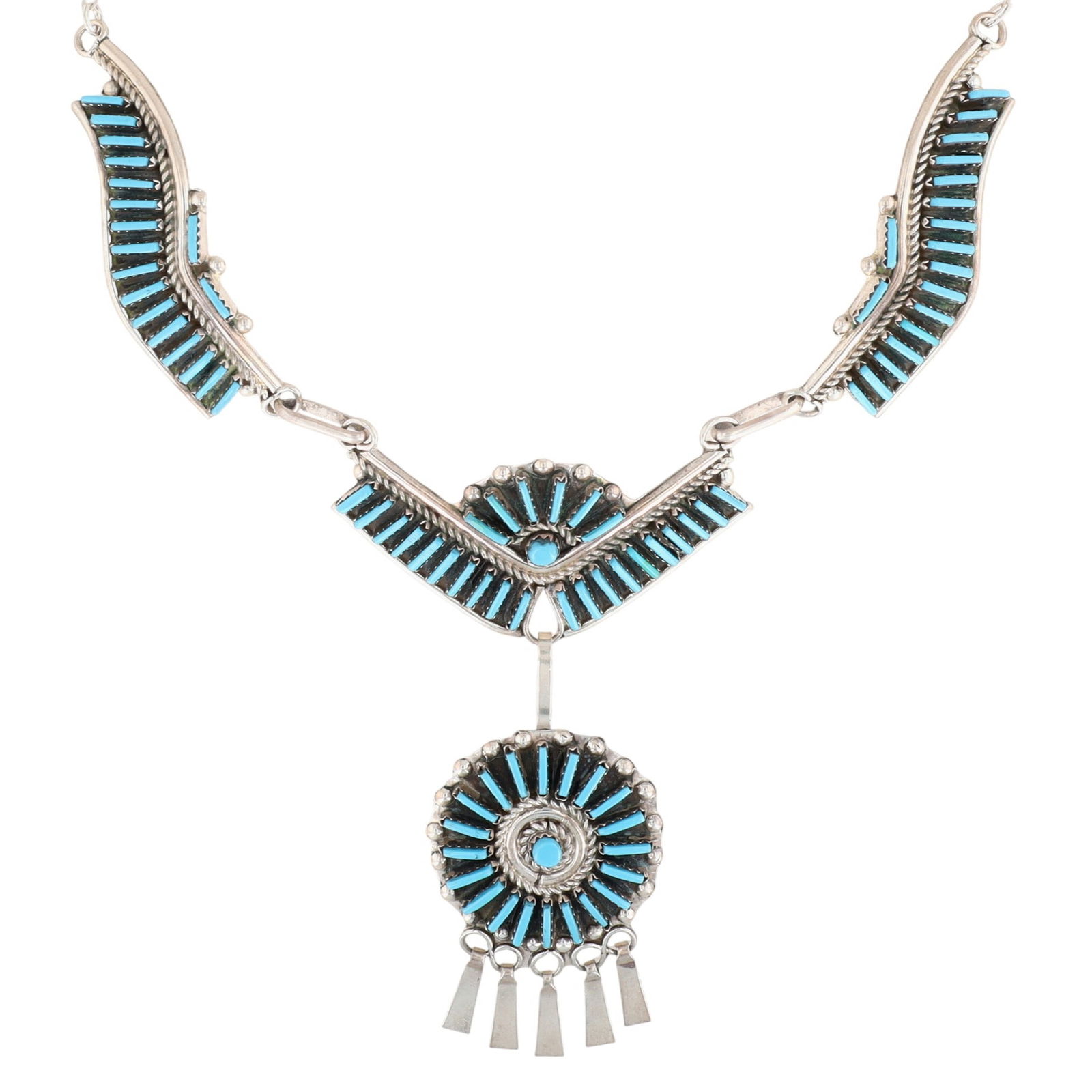 Richardson's Trading Post Helen Harrison Zuni Sterling Needlepoint Turquoise Necklace: Presented in partnership with the historic Richardson’s Trading Post, a cornerstone of Native American jewelry since 1913. Selected from their archives of rare vintage and contemporary pieces.