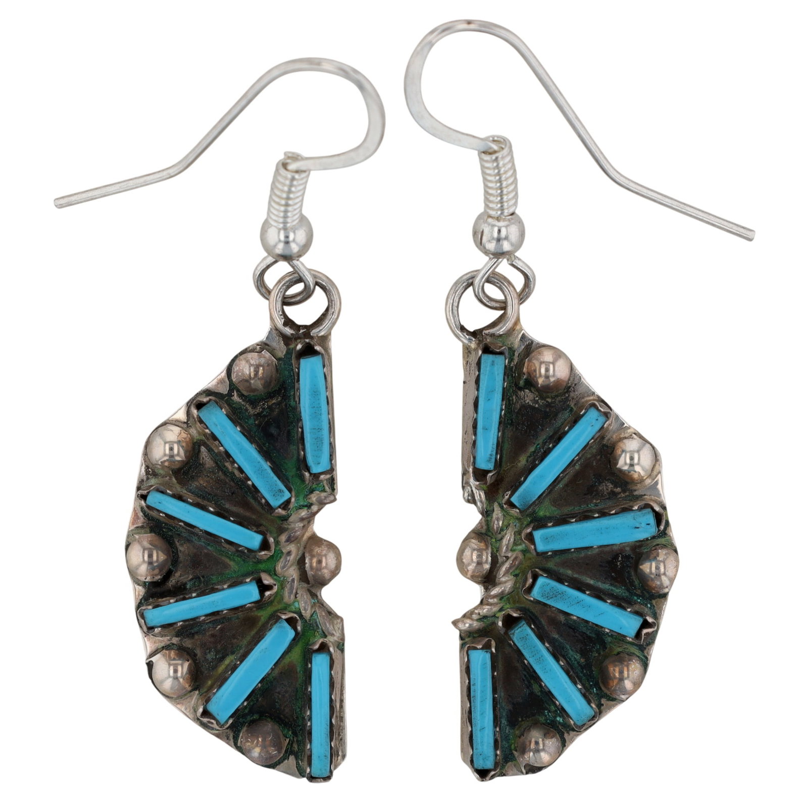 Richardson's Trading Post Helen Harrison Zuni Sterling Needlepoint Turquoise Earrings: Presented in partnership with the historic Richardson’s Trading Post, a cornerstone of Native American jewelry since 1913. Selected from their archives of rare vintage and contemporary pieces.