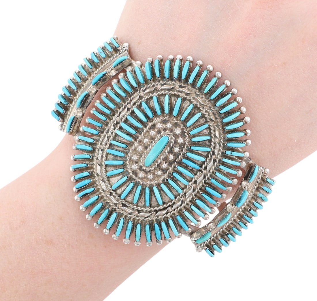 Richardson's Trading Post Eva L. Wyaco Zuni Sterling Needlepoint Turquoise Cuff Bracelet: Presented in partnership with the historic Richardson’s Trading Post, a cornerstone of Native American jewelry since 1913. Selected from their archives of rare vintage and contemporary pieces. Eva