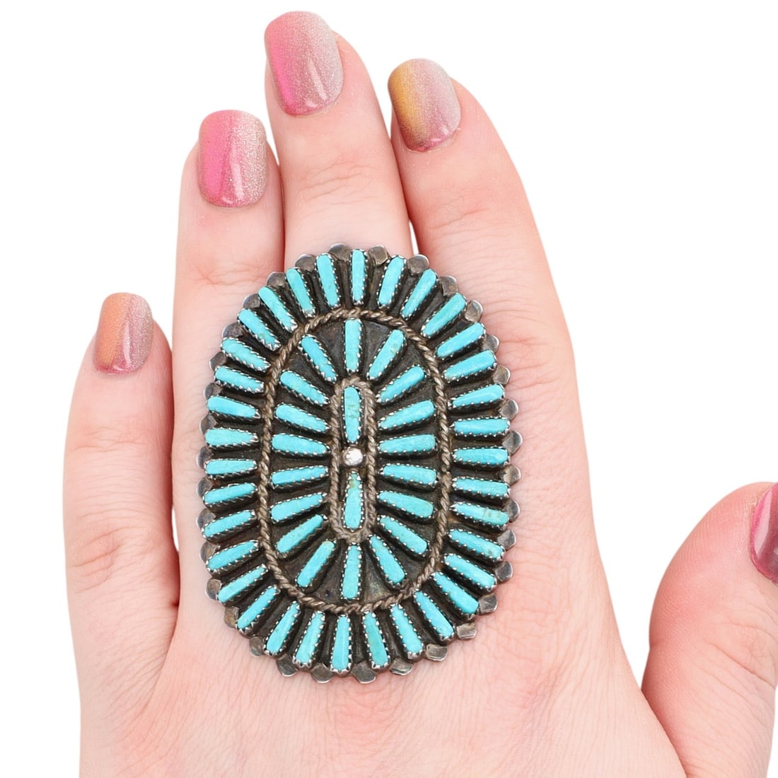 Richardson's Trading Post L. BYJOE Navajo Sterling Needlepoint Turquoise Ring Sz. 8.25: Presented in partnership with the historic Richardson’s Trading Post, a cornerstone of Native American jewelry since 1913. Selected from their archives of rare vintage and contemporary pieces.