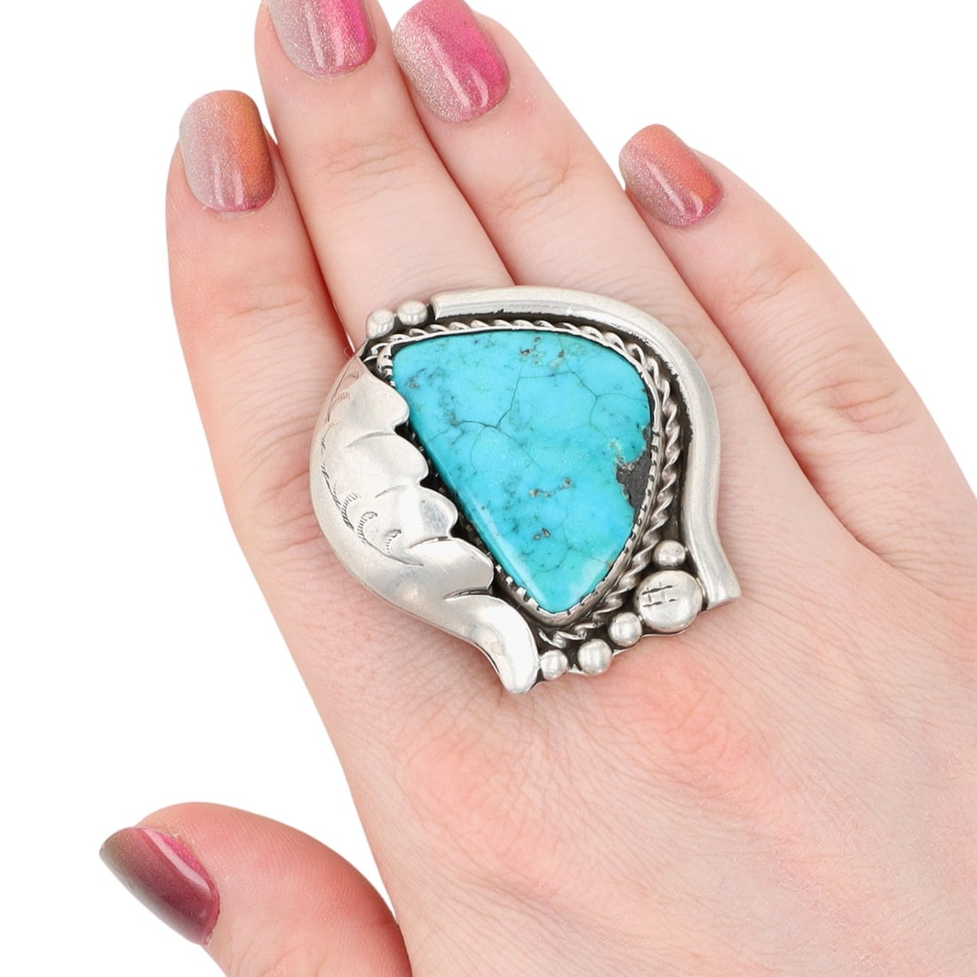 Richardson's Trading Post Vintage Navajo Sterling Turquoise Ring Sz. 9: Presented in partnership with the historic Richardson’s Trading Post, a cornerstone of Native American jewelry since 1913. Selected from their archives of rare vintage and contemporary pieces.