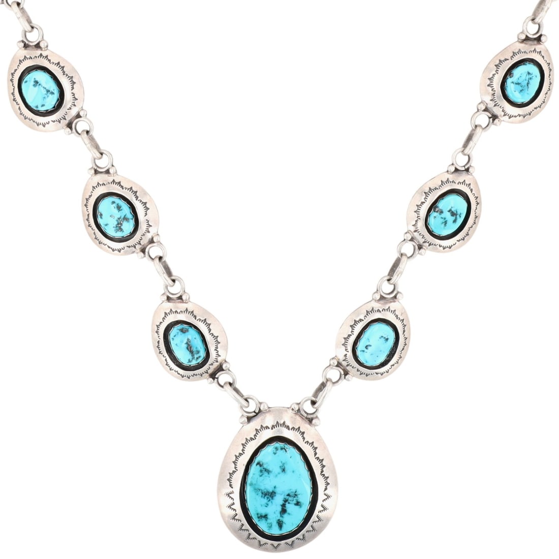 Richardson's Trading Post Terry Goodluck Navajo Sterling Turquoise Shadow Box Necklace: Presented in partnership with the historic Richardson’s Trading Post, a cornerstone of Native American jewelry since 1913. Selected from their archives of rare vintage and contemporary pieces.